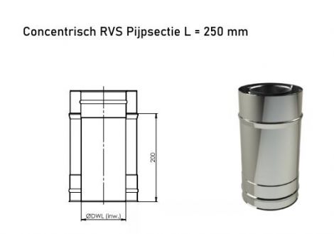 Concentrisch RVS Ø 100/150 mm Pijpsectie L = 250 mm